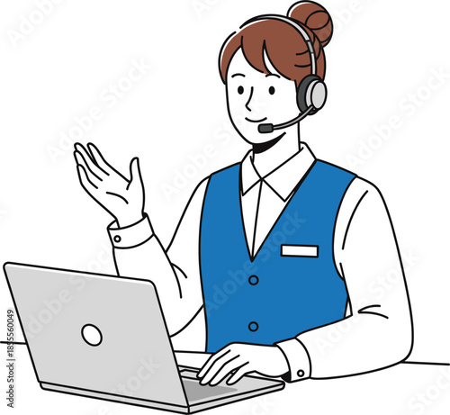 Smiling call center representative in blue vest providing remote assistance and telemarketing services isolated on white background.