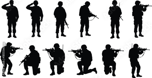Black Silhouette Soldiers in Various Poses with Rifles on White Background Keywords: soldier, military, army, warfare, combat