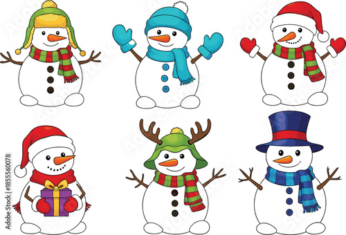 Collection of cute snowman cartoon characters featuring various festive winter accessories like colorful hats scarves mittens and holding a purple gift box.