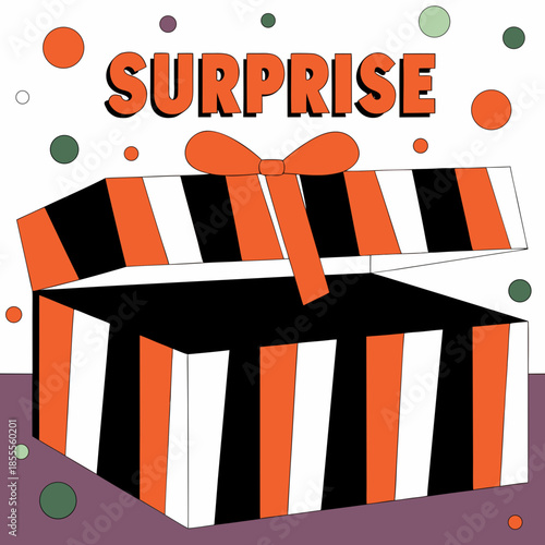 Surprise gift box with orange and black stripes and a bow