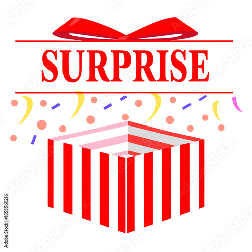 Surprise gift box with colorful confetti and ribbons on white background