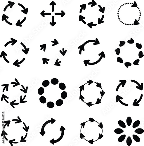 Circular arrow and rotation icons in various styles and formations Keywords: arrow, circle, rotation, circular, loop, repeat