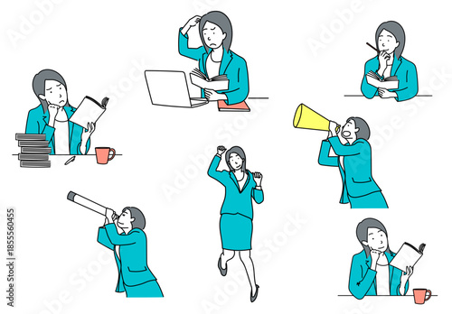 感情豊かに仕事に取り組む女性ビジネスパーソンを描いたオフィスイラストセット｜悩みや挑戦を乗り越えながら成長していく現代女性の努力と前向きな姿を表現したベクター素材
