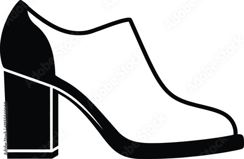 Modern women black and white ankle boot with a high block heel and sleek minimalist silhouette design isolated vector illustration for contemporary fashion retail and branding.