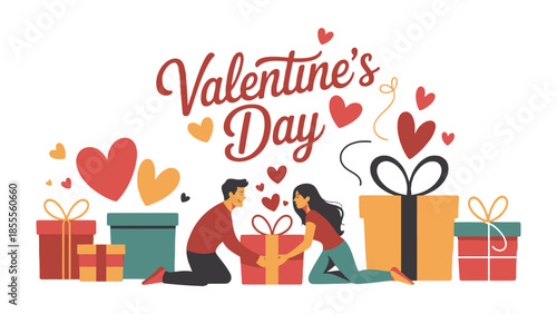 Love's Embrace: A couple shares a moment of affection amidst an array of beautifully wrapped presents on a vibrant Valentine's Day. 