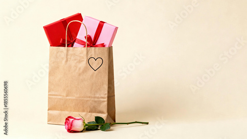 A romantic scene, featuring a shopping bag filled with gift boxes, symbolizing love and appreciation, paired with a vibrant rose, conveying the heartfelt sentiment of gifting.