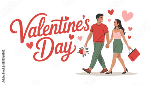 A Date for Romance: A charming couple strolls hand-in-hand, their hearts entwined amidst a Valentine's Day celebration, blossoms of love flourishing around them.
