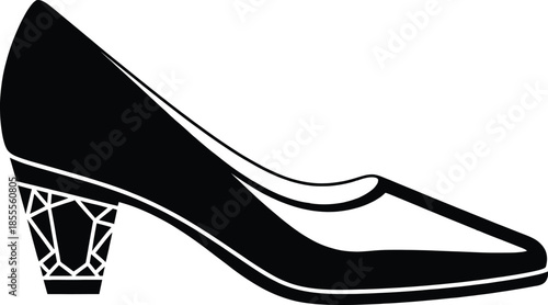 Elegant women black and white high heel pump shoe with a unique geometric crystalline heel design and stylish cap toe detail isolated vector illustration for fashion branding.