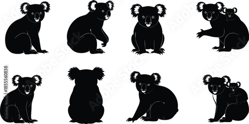 Collection of Black Silhouettes of Koalas in Different Poses and Actions Keywords: koala, silhouette, animal, marsupial