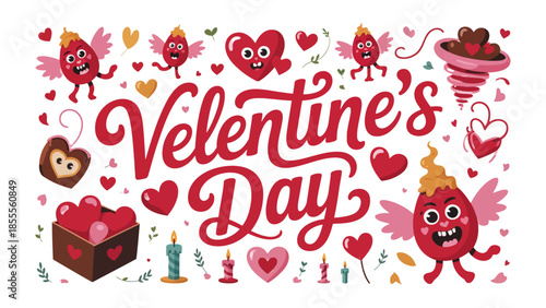 Love's Flourish: A festive Valentine's Day illustration, brimming with symbols of affection, featuring the holiday's iconic heart motifs and charming character