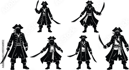 Collection of Pirate Silhouettes Holding Swords on White Background saber cutlass