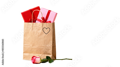 A romantic gesture of love and appreciation, with gift boxes nestled in a paper bag. alongside a rose, creating a sweet and visually appealing scene. 