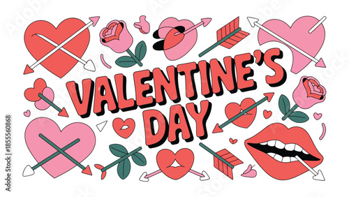 Valentine's Day Icon: A vibrant, eye-catching design, bursting with symbols of love and romance: hearts pierced by arrows, delicate roses, and a bold declaration of Valentine's Day.