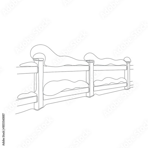 A simple line drawing of a snow covered wooden fence in winter