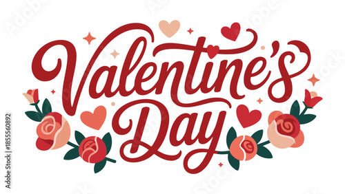 Valentine's Day Emblem: A colorful Valentine's Day emblem featuring a handwritten Valentine's Day text design in red with decorative flowers and hearts.
