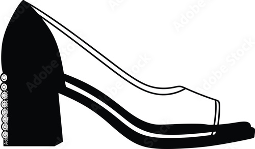 Stylish black and white open toe chunky block heel sandal with decorative pearl details and slingback strap isolated vector illustration for women fashion and summer footwear.