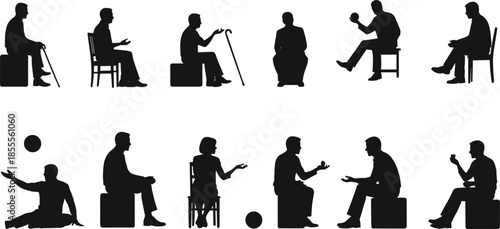 Collection of Seated and Reclining Person Silhouettes on White Background people sitting