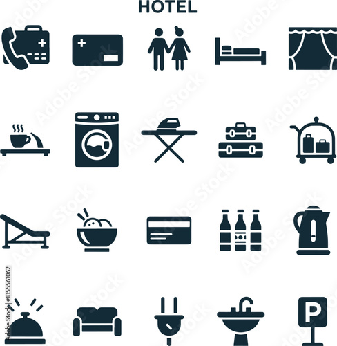 Flat hotel service and travel icons set for hospitality industry design.