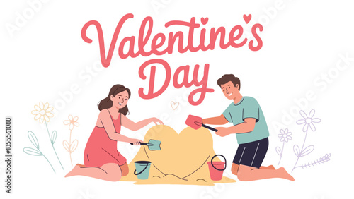 Love's Sandcastle: A heartwarming Valentine's Day illustration of a couple creating a sand heart, celebrating love and affection with the inscription Valentine's Day.
