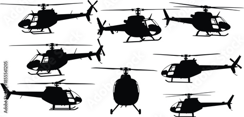 Diverse Silhouettes of Helicopters in Various Angles and Views Keywords: helicopter, silhouette, aircraft, aviation, transport