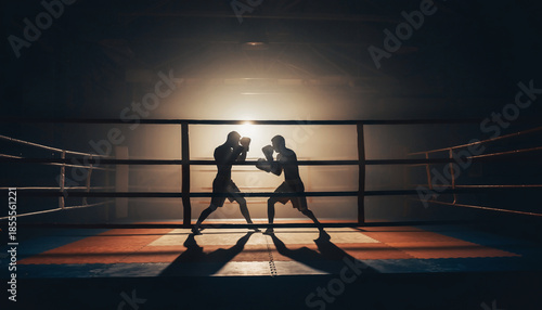 Two boxers sparring in a boxing ring with backlighting creating silhouettes.