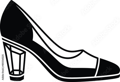 Black and white line art illustration of a woman high heel pump shoe with a geometric clear prism block heel and contrast toe cap design isolated on white.