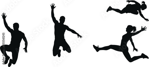 Dynamic Silhouettes of People Jumping and Leaping on White Background action