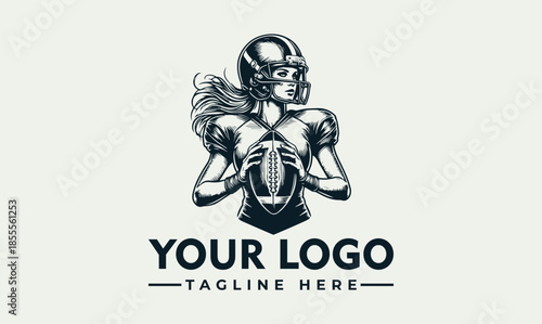 Vector logo design featuring a rugby player holding a ball with a placeholder tagline on a light gray background.
