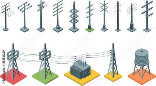 Isometric electrical infrastructure icons set, power poles transmission towers transformers substations, electricity distribution network, utility grid, modern energy illustration