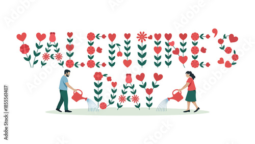 Valentine's Day Watering the Love: An illustration for a couple celebrating the most romantic day, watering valentine's day words made of heart flowers 