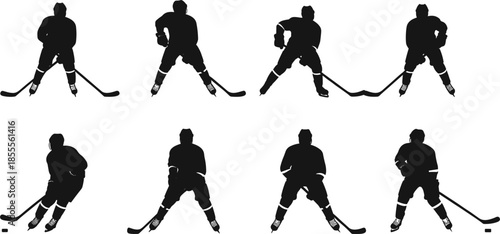Hockey Player Silhouettes in Action Poses on White Background Keywords: hockey, player, ice hockey, silhouette, athlete, sport