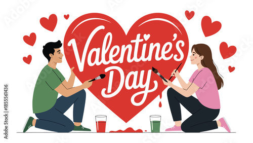 Love's Masterpiece: A couple paints the heart, writing Valentine's Day with love in the air. Capture the sweet moment, painting love and celebration of Valentines Day!