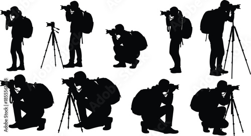 Photographer Silhouettes with Cameras and Tripods on White Background Keywords: photographer, camera, tripod, silhouette, man