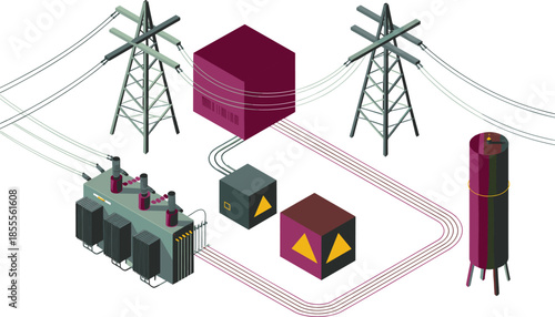 Isometric electrical power distribution system illustration, transformers substations transmission towers and control units, smart grid infrastructure, energy flow concept
