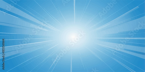 An abstract blue sky background features bright sun rays and a glowing burst of summer sunlight in a creative vector illustration design