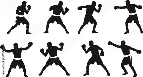 Set of Black Silhouettes of Boxers in Fighting Stances and Punches Keywords: silhouette, boxer, boxing, fighter, sport, athletic