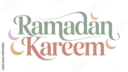 Ramadan Kareem: A beautifully designed greeting with elegant calligraphy, celebrating the Islamic holy month of Ramadan. Featuring a stylish font and crescent moon motifs.