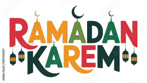 Ramadan Kareem Greeting: Vibrant Ramadan Kareem text with ornate mosque silhouettes and crescent moons, embodying the spirit of the holy month.