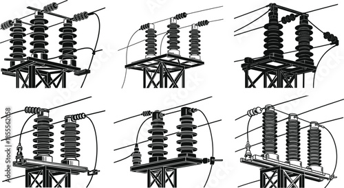 Electrical substation vector, transformer illustration, insulator diagram, transmission line art, black and white grid, technical energy infrastructure drawing