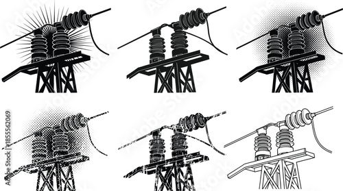 High voltage power line insulator tower illustration, electrical grid infrastructure artwork, industrial energy transmission system design, black and white vector style