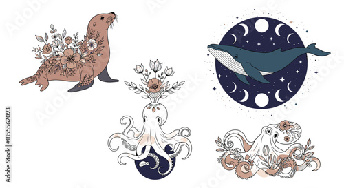 Mystical collection of sea animals including a whale, octopus, and sea lion, decorated with boho flowers and celestial moons.