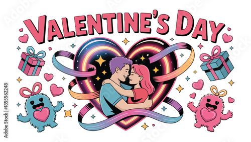 Valentine's Day Embrace: A vibrant illustration for Valentine's Day depicts a couple embracing within a heart-shaped design. Symbols of affection are scattered.