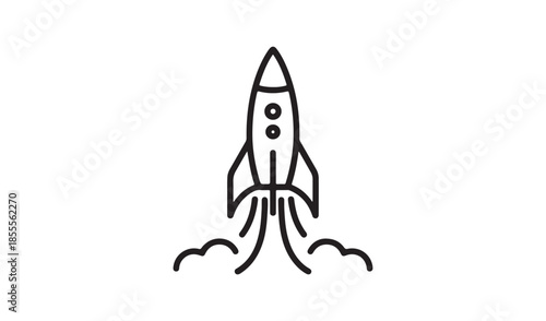 Simple line art icon of a rocket ship launching into space with smoke trails, representing startup, innovation, and exploration