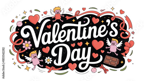 Valentine's Day illustration: An enchanting Valentine's Day illustration filled with whimsical cherubs, hearts, flowers and delicious chocolate. celebrating the joy and spirit of love.