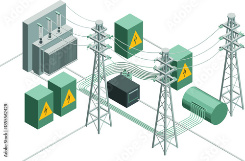 Isometric electrical power distribution system illustration, transformers substations transmission towers and control units, smart grid infrastructure, energy flow concept