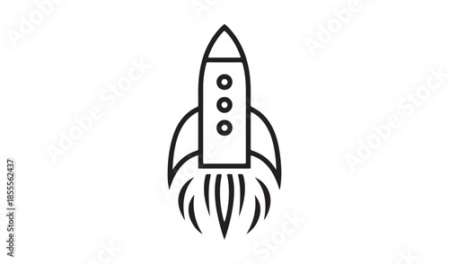 Rocket launching into space with fire and smoke, representing startup, speed, and exploration. Minimalist vector icon.