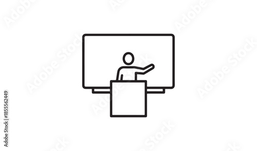 Minimalist vector illustration of a presenter at a podium pointing to a large screen.
