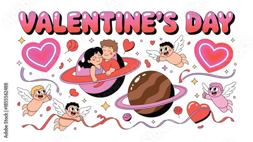 Valentine's Day Illustration: A vibrant and affectionate illustration captures the spirit of Valentine's Day, featuring whimsical characters, hearts, and romantic elements.