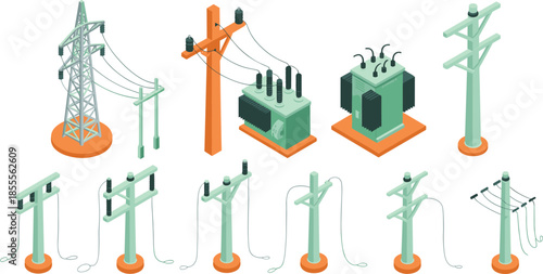 Isometric electrical power infrastructure illustration set, transmission towers utility poles transformers, electricity distribution network, energy grid components, vector design