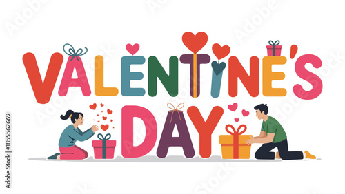 Valentine's Day Celebration: A vibrant and colorful illustration captures the spirit of Valentine's Day. It features loving couple, gift boxes, and heart, symbolizing love, romance.